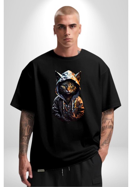 Hip Hop Gençlik Kedi Çeket Pamuklu Bisiklet Yaka Kadın Erkek Oversize Boyfriend Dijital Baskılı Siyah T-Shirt fırsatları