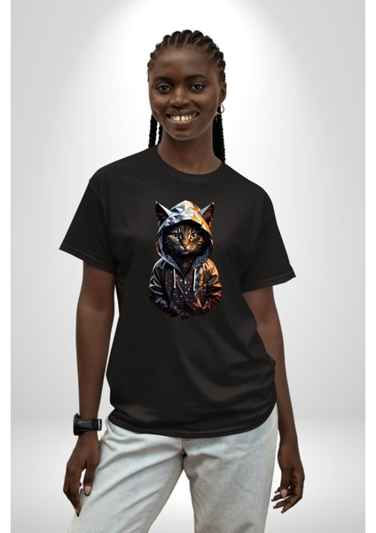 Hip Hop Gençlik Kedi Çeket Pamuklu Bisiklet Yaka Kadın Erkek Oversize Boyfriend Dijital Baskılı Siyah T-Shirt indirimleri