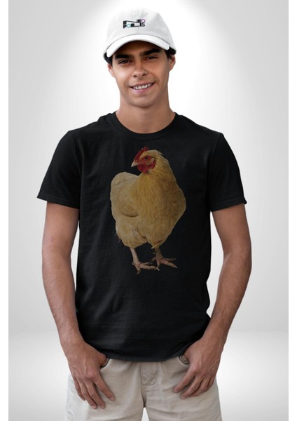 Tavuk Kadın Erkek Unisex Siyah Organik Baskılı T-Shirt Penye Yüksek Kalite