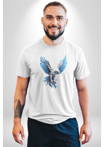 Mavi Beyaz Kartal Kuş Kadın Erkek Unisex Beyaz Organik Baskılı T-Shirt Penye Yüksek Kalite