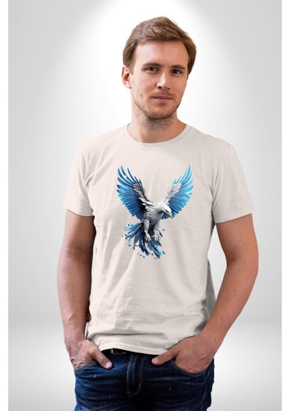Mavi Beyaz Kartal Kuş Kadın Erkek Unisex Beyaz Organik Baskılı T-Shirt Penye Yüksek Kalite modelleri