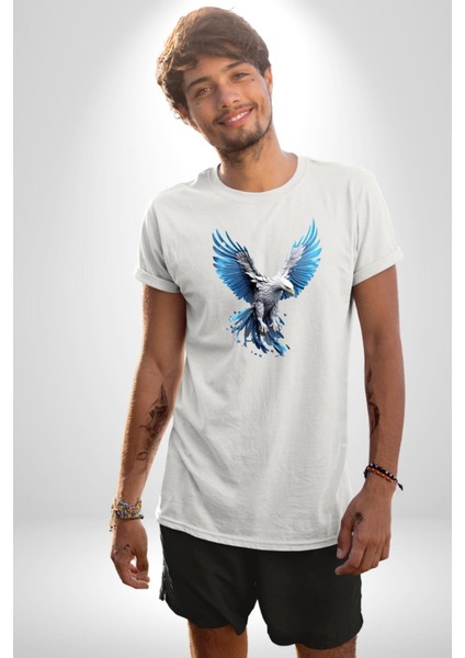 Mavi Beyaz Kartal Kuş Kadın Erkek Unisex Beyaz Organik Baskılı T-Shirt Penye Yüksek Kalite fırsatları