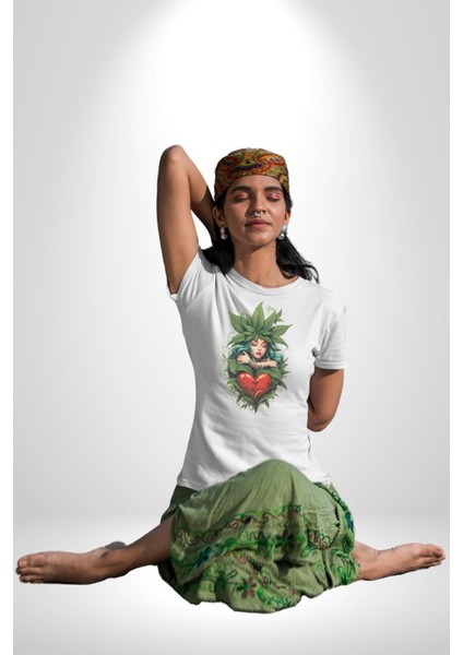 Kalp Parmak Kız Yeşillik Mutluluk Kadın Erkek Unisex Beyaz Organik Baskılı T-Shirt Penye Yüksek Kalite