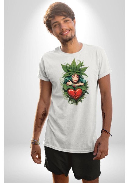 Kalp Parmak Kız Yeşillik Mutluluk Kadın Erkek Unisex Beyaz Organik Baskılı T-Shirt Penye Yüksek Kalite modelleri