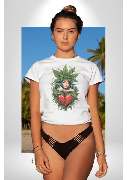 Kalp Parmak Kız Yeşillik Mutluluk Kadın Erkek Unisex Beyaz Organik Baskılı T-Shirt Penye Yüksek Kalite fırsatları