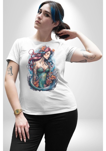 Deniz Kızı Çiçek Kadın Erkek Unisex Beyaz Organik Baskılı T-Shirt Penye Yüksek Kalite