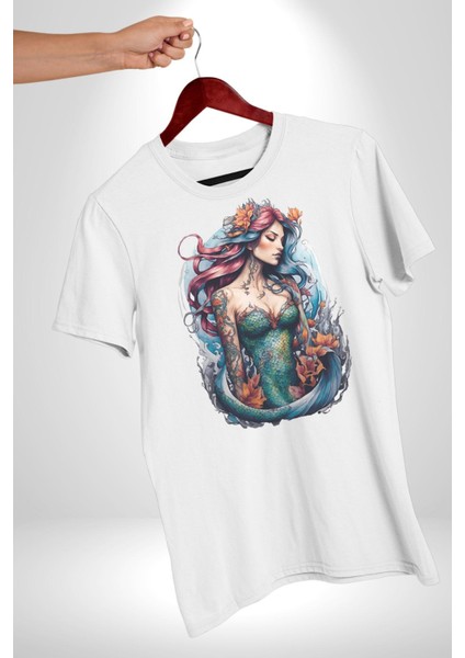 Deniz Kızı Çiçek Kadın Erkek Unisex Beyaz Organik Baskılı T-Shirt Penye Yüksek Kalite fiyatları