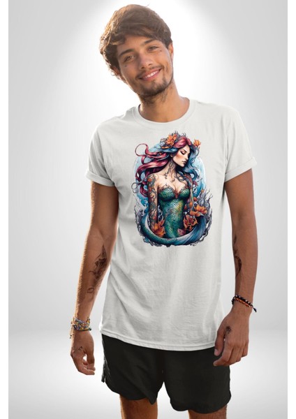 Deniz Kızı Çiçek Kadın Erkek Unisex Beyaz Organik Baskılı T-Shirt Penye Yüksek Kalite fırsatları