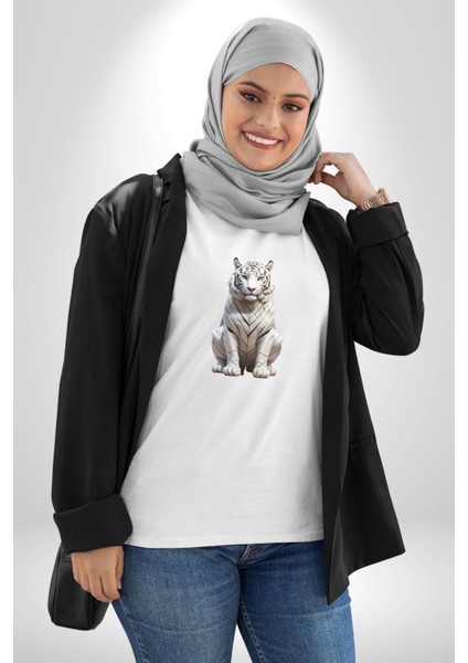 Beyaz Kaplan Kadın Erkek Unisex Beyaz Organik Baskılı T-Shirt Penye Yüksek Kalite