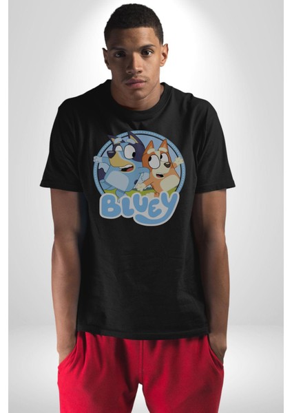 Bluey Kadın Erkek Unisex Siyah Organik Baskılı T-Shirt Penye Yüksek Kalite