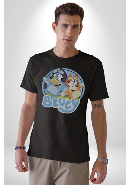 Bluey Kadın Erkek Unisex Siyah Organik Baskılı T-Shirt Penye Yüksek Kalite