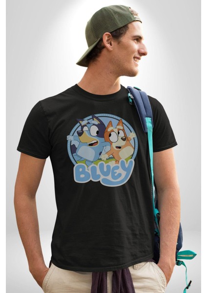 Bluey Kadın Erkek Unisex Siyah Organik Baskılı T-Shirt Penye Yüksek Kalite