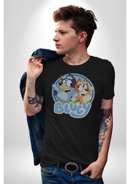 Bluey Kadın Erkek Unisex Siyah Organik Baskılı T-Shirt Penye Yüksek Kalite