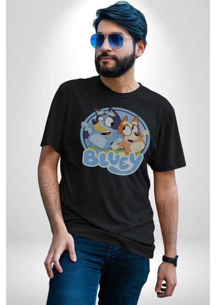 Bluey Kadın Erkek Unisex Siyah Organik Baskılı T-Shirt Penye Yüksek Kalite