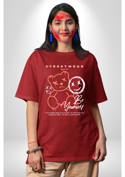 Yükseliş Için Kendin Ol Pamuklu Bisiklet Yaka Kadın Erkek Oversize Boyfriend Dijital Baskılı Kırmızı T-Shirt