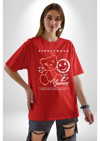 Yükseliş Için Kendin Ol Pamuklu Bisiklet Yaka Kadın Erkek Oversize Boyfriend Dijital Baskılı Kırmızı T-Shirt modelleri