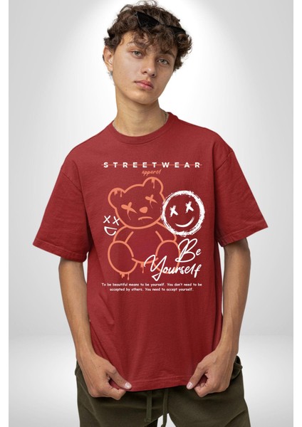 Yükseliş Için Kendin Ol Pamuklu Bisiklet Yaka Kadın Erkek Oversize Boyfriend Dijital Baskılı Kırmızı T-Shirt fırsatları