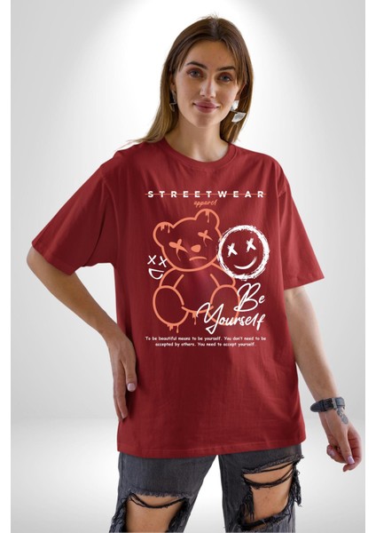 Yükseliş Için Kendin Ol Pamuklu Bisiklet Yaka Kadın Erkek Oversize Boyfriend Dijital Baskılı Kırmızı T-Shirt indirimleri