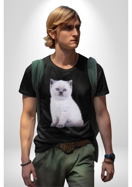 Beyaz Yavru Kedi Kadın Erkek Unisex Siyah Organik Baskılı T-Shirt Penye Yüksek Kalite