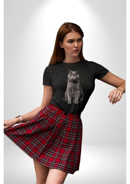British Shorthair Kedi Kadın Erkek Unisex Siyah Organik Baskılı T-Shirt Penye Yüksek Kalite