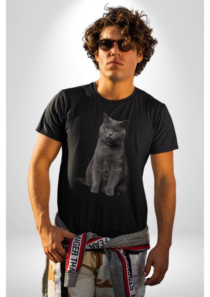 British Shorthair Kedi Kadın Erkek Unisex Siyah Organik Baskılı T-Shirt Penye Yüksek Kalite fiyatları