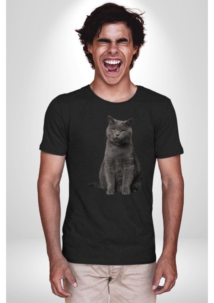 British Shorthair Kedi Kadın Erkek Unisex Siyah Organik Baskılı T-Shirt Penye Yüksek Kalite modelleri