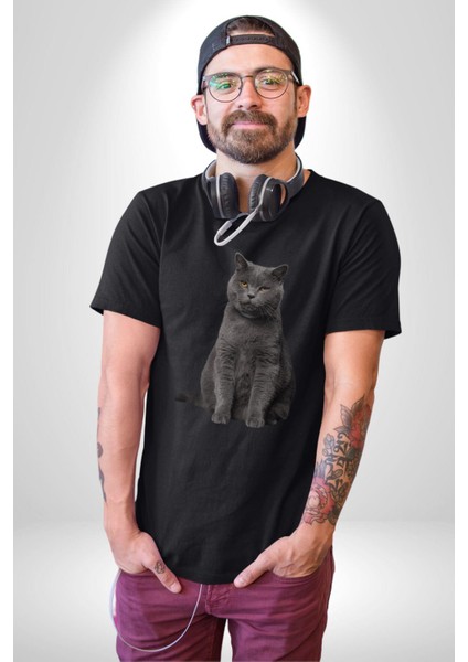 British Shorthair Kedi Kadın Erkek Unisex Siyah Organik Baskılı T-Shirt Penye Yüksek Kalite indirimleri