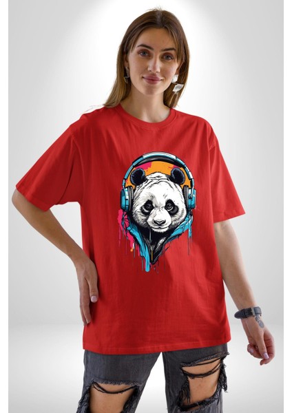 Kulaklık Ayı Panda Pamuklu Bisiklet Yaka Kadın Erkek Oversize Boyfriend Dijital Baskılı Kırmızı T-Shirt fiyatları