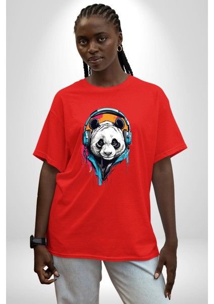 Kulaklık Ayı Panda Pamuklu Bisiklet Yaka Kadın Erkek Oversize Boyfriend Dijital Baskılı Kırmızı T-Shirt modelleri