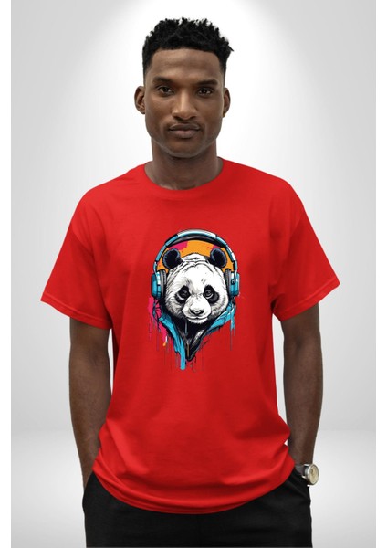 Kulaklık Ayı Panda Pamuklu Bisiklet Yaka Kadın Erkek Oversize Boyfriend Dijital Baskılı Kırmızı T-Shirt indirimleri