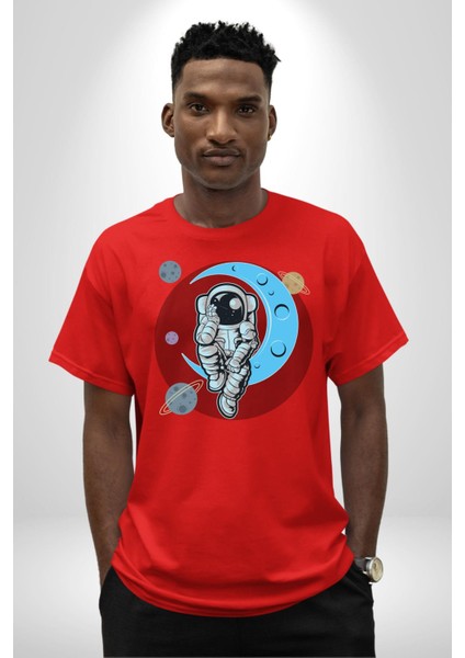 Astronot Uzayda Sıkılmış Pamuklu Bisiklet Yaka Kadın Erkek Oversize Boyfriend Dijital Baskılı Kırmızı T-Shirt