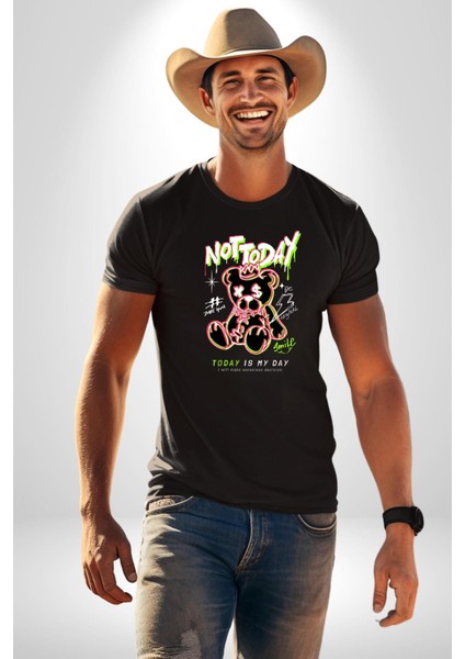 Bugün Değil Kadın Erkek Unisex Siyah Organik Baskılı T-Shirt Penye Yüksek Kalite