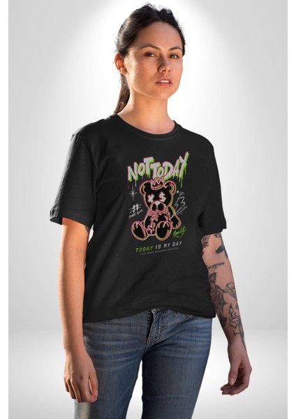 Bugün Değil Kadın Erkek Unisex Siyah Organik Baskılı T-Shirt Penye Yüksek Kalite