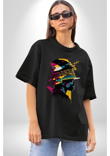 Canlı Afrobeat Füzyon Renkli Siluet Pamuklu Bisiklet Yaka Kadın Erkek Oversize Boyfriend Dijital Baskılı Siyah T-Shirt