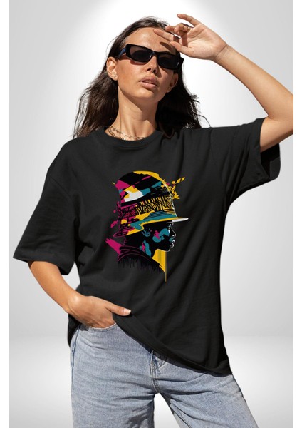 Canlı Afrobeat Füzyon Renkli Siluet Pamuklu Bisiklet Yaka Kadın Erkek Oversize Boyfriend Dijital Baskılı Siyah T-Shirt