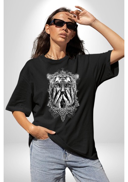 Yarım Insan Yarım Leopar Mutant Leopar Kral Pamuklu Bisiklet Yaka Kadın Erkek Oversize Boyfriend Dijital Baskılı Siyah T-Shirt fiyatları
