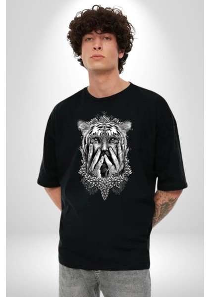Yarım Insan Yarım Leopar Mutant Leopar Kral Pamuklu Bisiklet Yaka Kadın Erkek Oversize Boyfriend Dijital Baskılı Siyah T-Shirt fırsatları