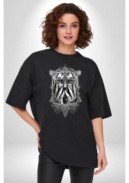 Yarım Insan Yarım Leopar Mutant Leopar Kral Pamuklu Bisiklet Yaka Kadın Erkek Oversize Boyfriend Dijital Baskılı Siyah T-Shirt indirimleri