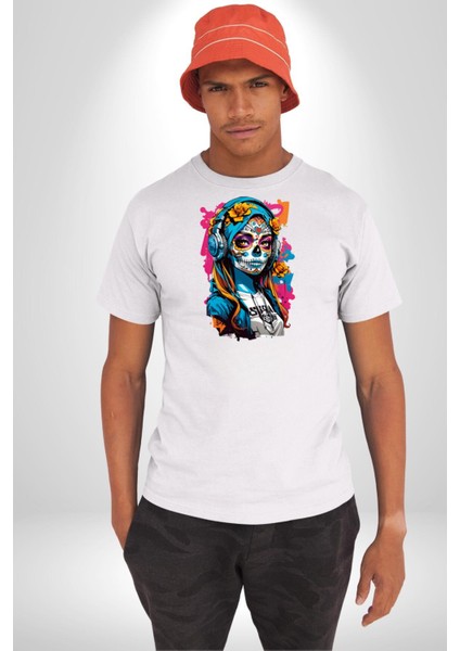 Kulaklık Müzik Dinleyen Kız Kadın Erkek Unisex Beyaz Organik Baskılı T-Shirt Penye Yüksek Kalite fiyatları