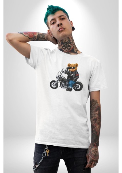 Kask Güneş Gözlüğü Motor Ayı Kadın Erkek Unisex Beyaz Organik Baskılı T-Shirt Penye Yüksek Kalite