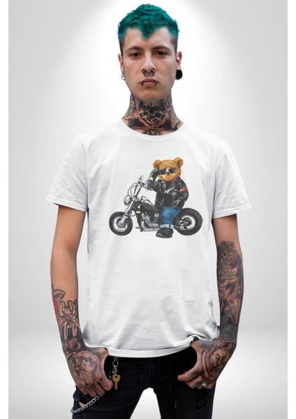 Kask Güneş Gözlüğü Motor Ayı Kadın Erkek Unisex Beyaz Organik Baskılı T-Shirt Penye Yüksek Kalite indirimleri