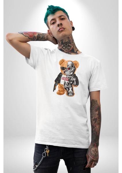 Robot Ayı Güneş Gözlüğü Kadın Erkek Unisex Beyaz Organik Baskılı T-Shirt Penye Yüksek Kalite