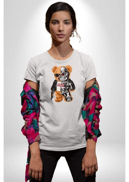 Robot Ayı Güneş Gözlüğü Kadın Erkek Unisex Beyaz Organik Baskılı T-Shirt Penye Yüksek Kalite fiyatları
