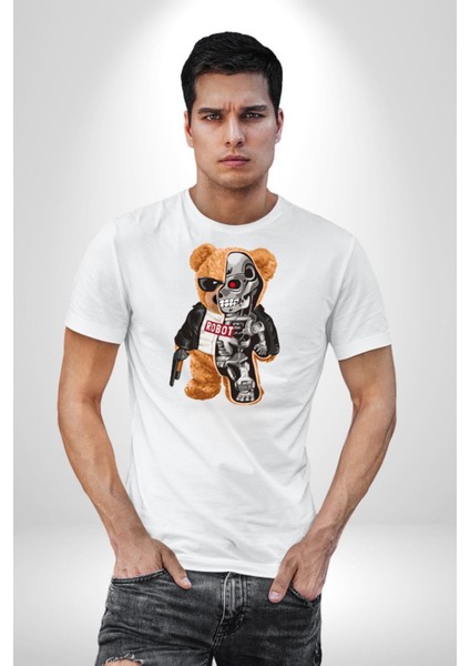 Robot Ayı Güneş Gözlüğü Kadın Erkek Unisex Beyaz Organik Baskılı T-Shirt Penye Yüksek Kalite modelleri