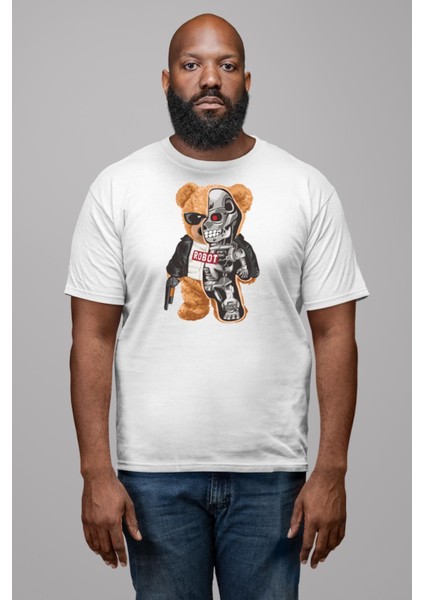 Robot Ayı Güneş Gözlüğü Kadın Erkek Unisex Beyaz Organik Baskılı T-Shirt Penye Yüksek Kalite fırsatları