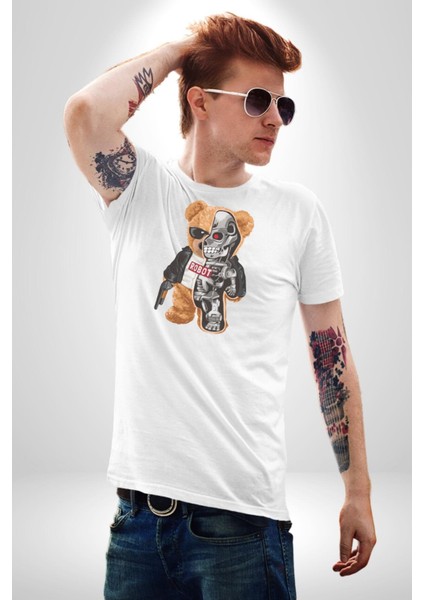 Robot Ayı Güneş Gözlüğü Kadın Erkek Unisex Beyaz Organik Baskılı T-Shirt Penye Yüksek Kalite indirimleri