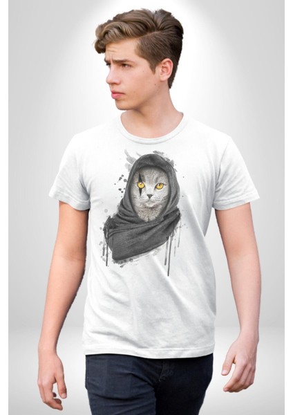 Safari Kedi Şal Eşarp Kadın Erkek Unisex Beyaz Organik Baskılı T-Shirt Penye Yüksek Kalite
