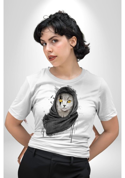 Safari Kedi Şal Eşarp Kadın Erkek Unisex Beyaz Organik Baskılı T-Shirt Penye Yüksek Kalite modelleri