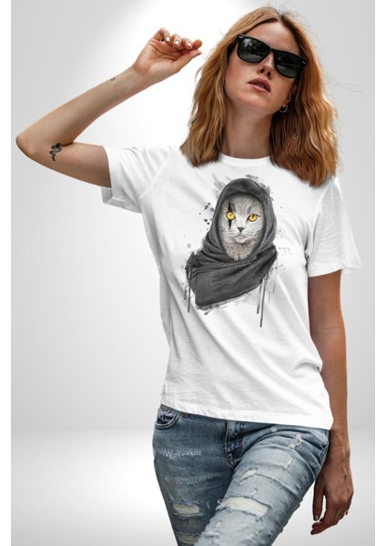 Safari Kedi Şal Eşarp Kadın Erkek Unisex Beyaz Organik Baskılı T-Shirt Penye Yüksek Kalite indirimleri