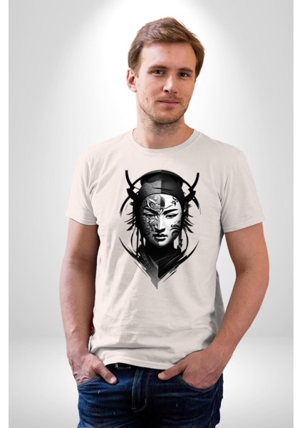 Asyalı Samuray Siyah Beyaz Dövmeli Çift Yüz Kadın Erkek Unisex Beyaz Organik Baskılı T-Shirt Penye Yüksek Kalite